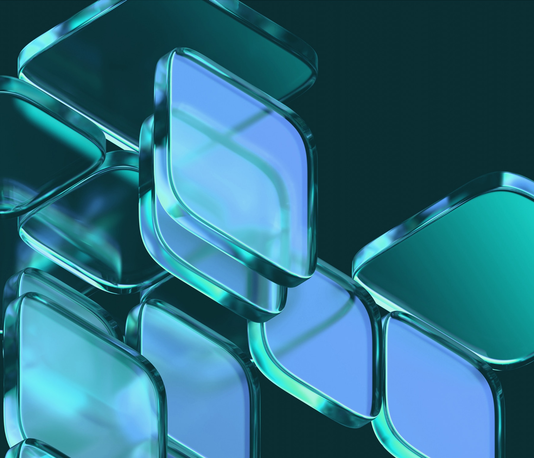 Abstract 3D translucent glass tiles in teal and blue